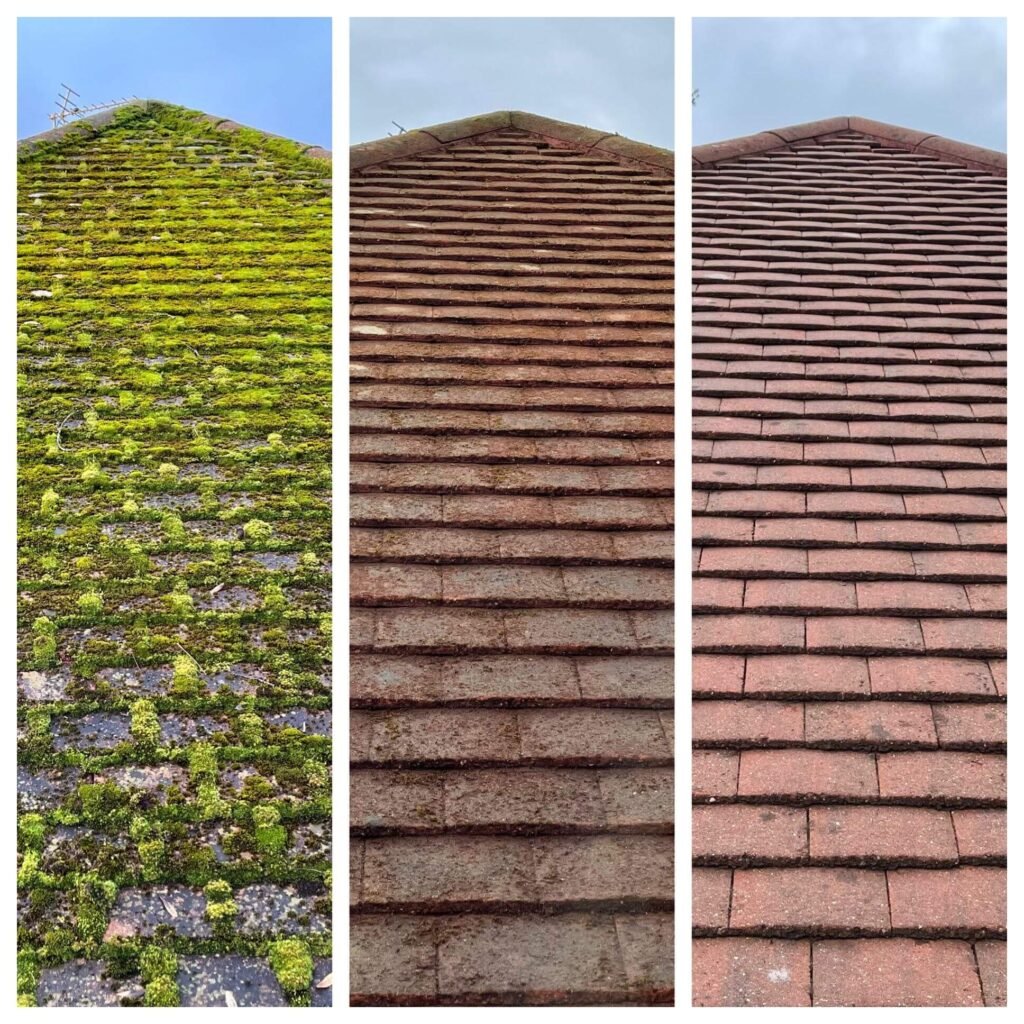The 3 stages of a roof being de-mossed, scraped and cleaned in cheshire by pristine clean