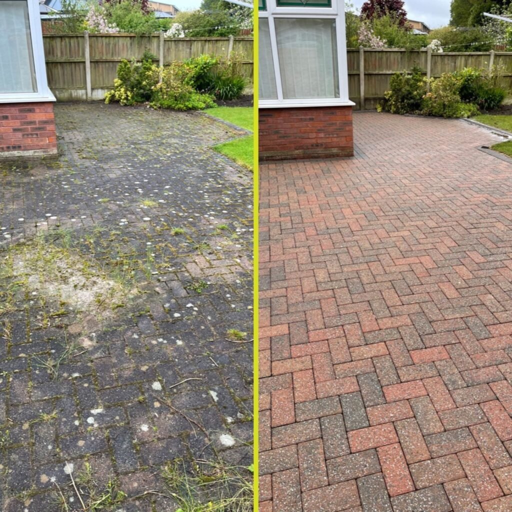 The stunning difference as seen in a block paving patio and driveway restoration, old spots, mould and debris are gone. What looked like a driveway with no hope is now restored to new!