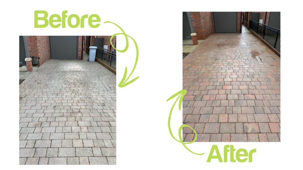 A before and after image of a driveway that was cleaned by Pristine Clean in Cheshire. The driveway was restored to it's original colour and sealed to prevent further damage.