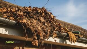 Blocked home gutter with autumn leaves before professional cleaning service in Cheshire