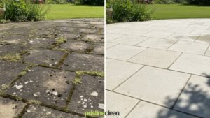 Patio and driveway professional jet washing in Cheshire restoring paving to a clean, safe condition during summer.
