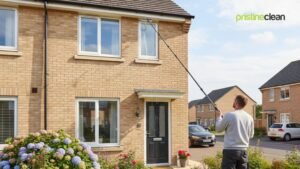Professional window cleaner using a water-fed pole to clean an upstairs window on a sunny day in Cheshire
