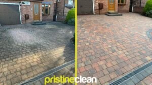 Before and after photo showing a block paving driveway cleaned by Pristine Clean in Cheshire, removing moss and dirt for a refreshed finish.