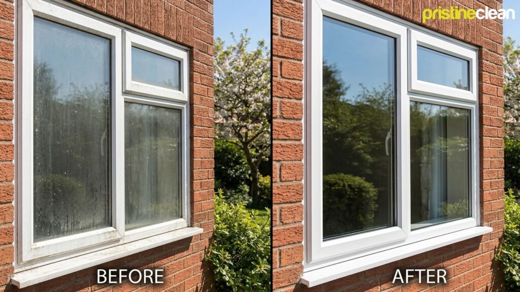 Before and after window cleaning in Cheshire showing dirt and grime removed from glass