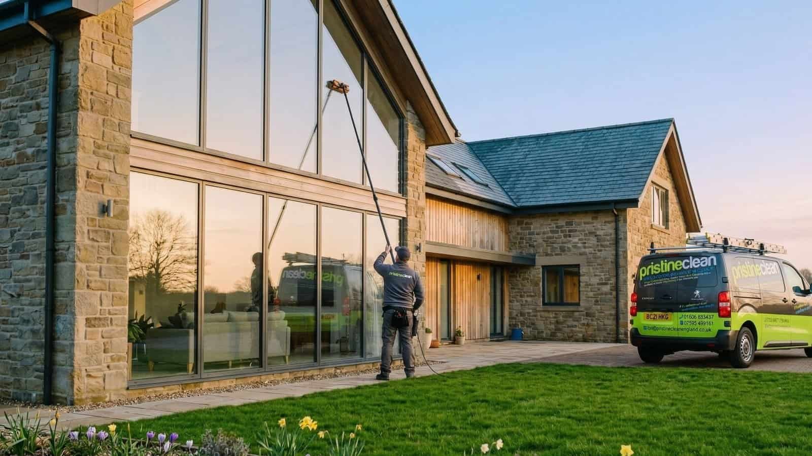 Window cleaner in Cheshire cleaning large residential property with water-fed pole system