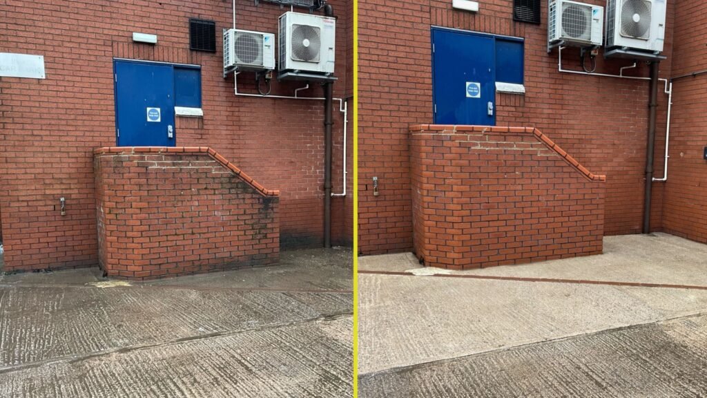 Commercial brick wall and concrete pressure washing before and after in Cheshire