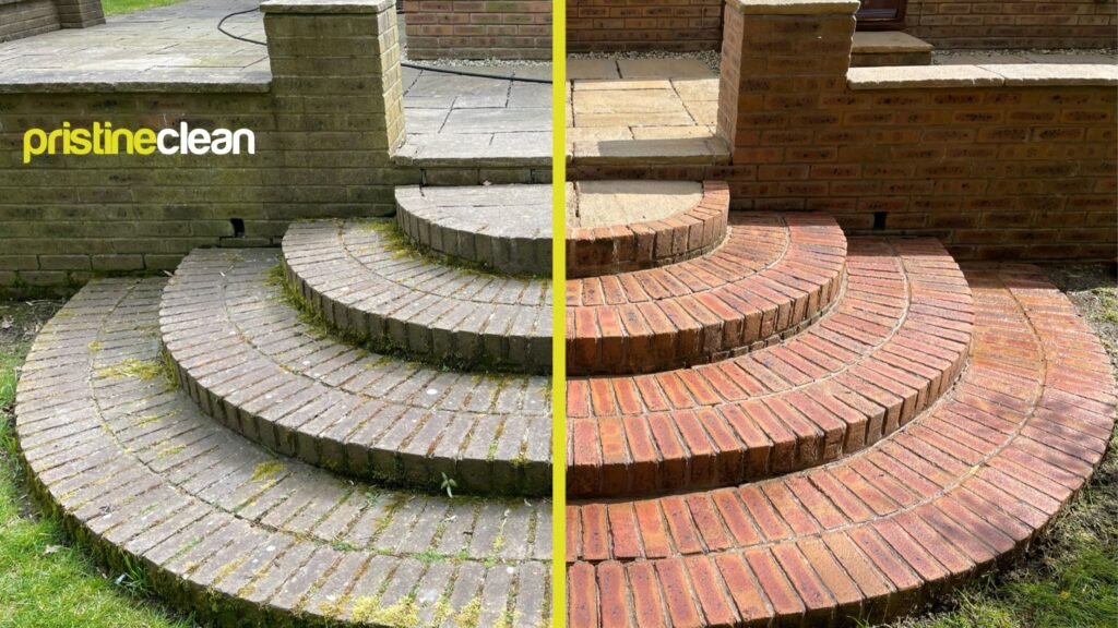 Before and after pressure washing of brick garden steps and patio in Cheshire by Pristine Clean