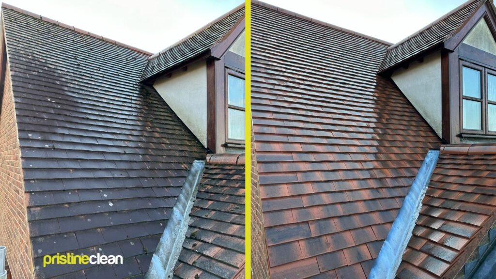 Roof moss removal Cheshire before and after showing heavily mossy roof tiles on the left and clean restored tiles on the right