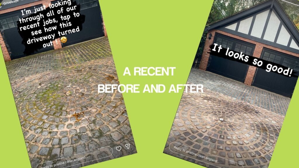 Driveway cleaning Cheshire before and after showing mossy cobbled driveway transformed to fully cleaned block paving