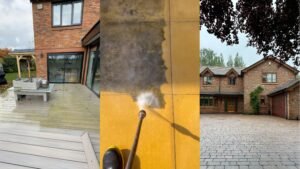 Patio and decking cleaning Cheshire showing dirty decking, pressure washing in action and a clean finished driveway