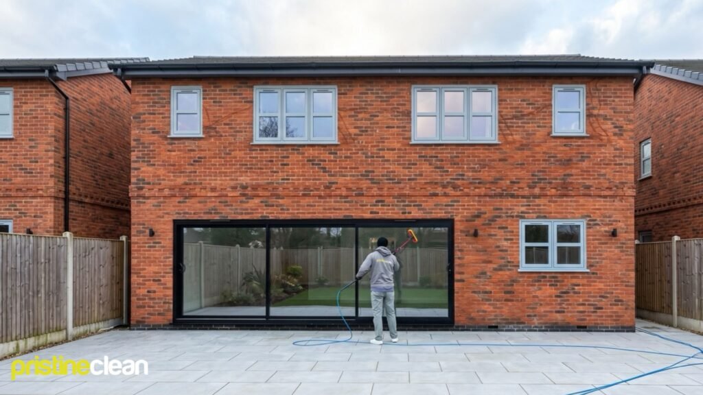 Reliable window cleaner in Cheshire cleaning patio door frames and glass at a residential property in Sandiway