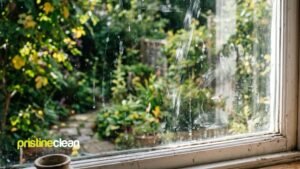 Streaky windows on a residential property showing smears and residue on glass in natural daylight