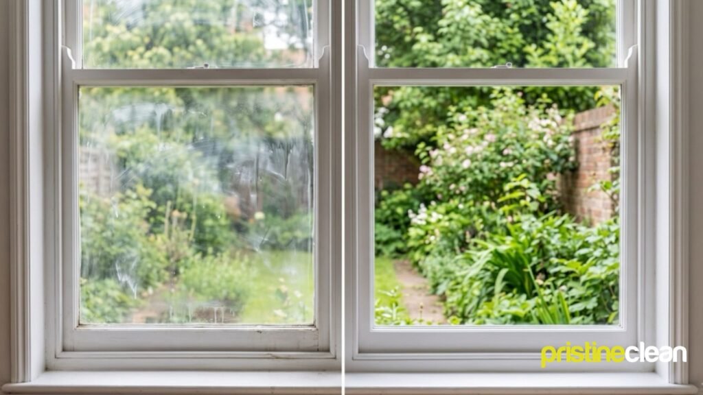 Side by side comparison of a streaky window with cleaning residue on the left and a perfectly clean streak-free window on the right