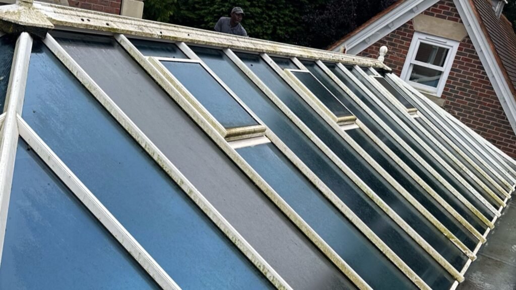 Green and mossed conservatory roof on a Cheshire property before professional cleaning