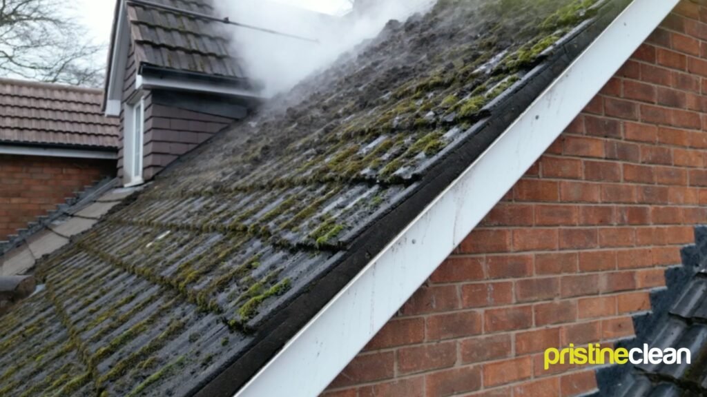 Heavily mossed roof tiles on a Cheshire property before professional roof cleaning