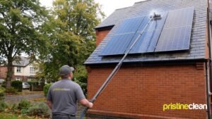 Solar panel cleaning on a Cheshire home using a water-fed pole and pure water
